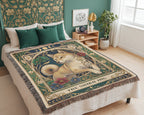 Decorative blanket with a cat design on a bed in a bedroom setting.