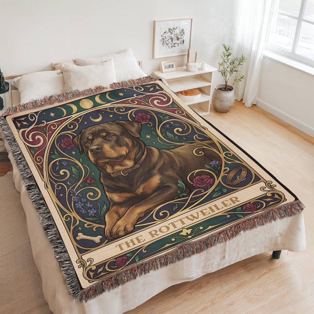 🐾 Woven Blanket Tarot Card - Rottweiler Roses