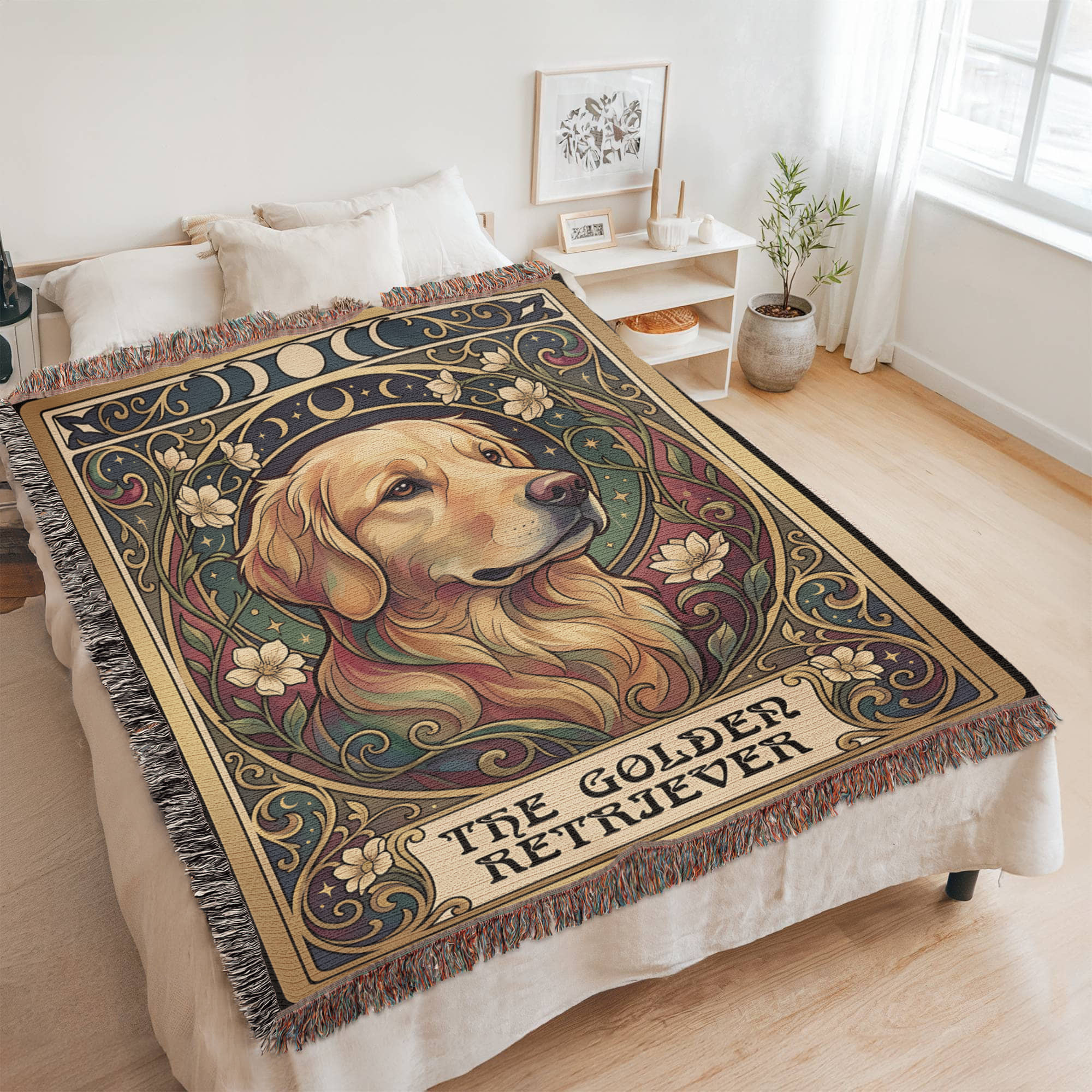 🐾 Woven Blanket Tarot Card - Golden Retriever Gold Frame with flowers