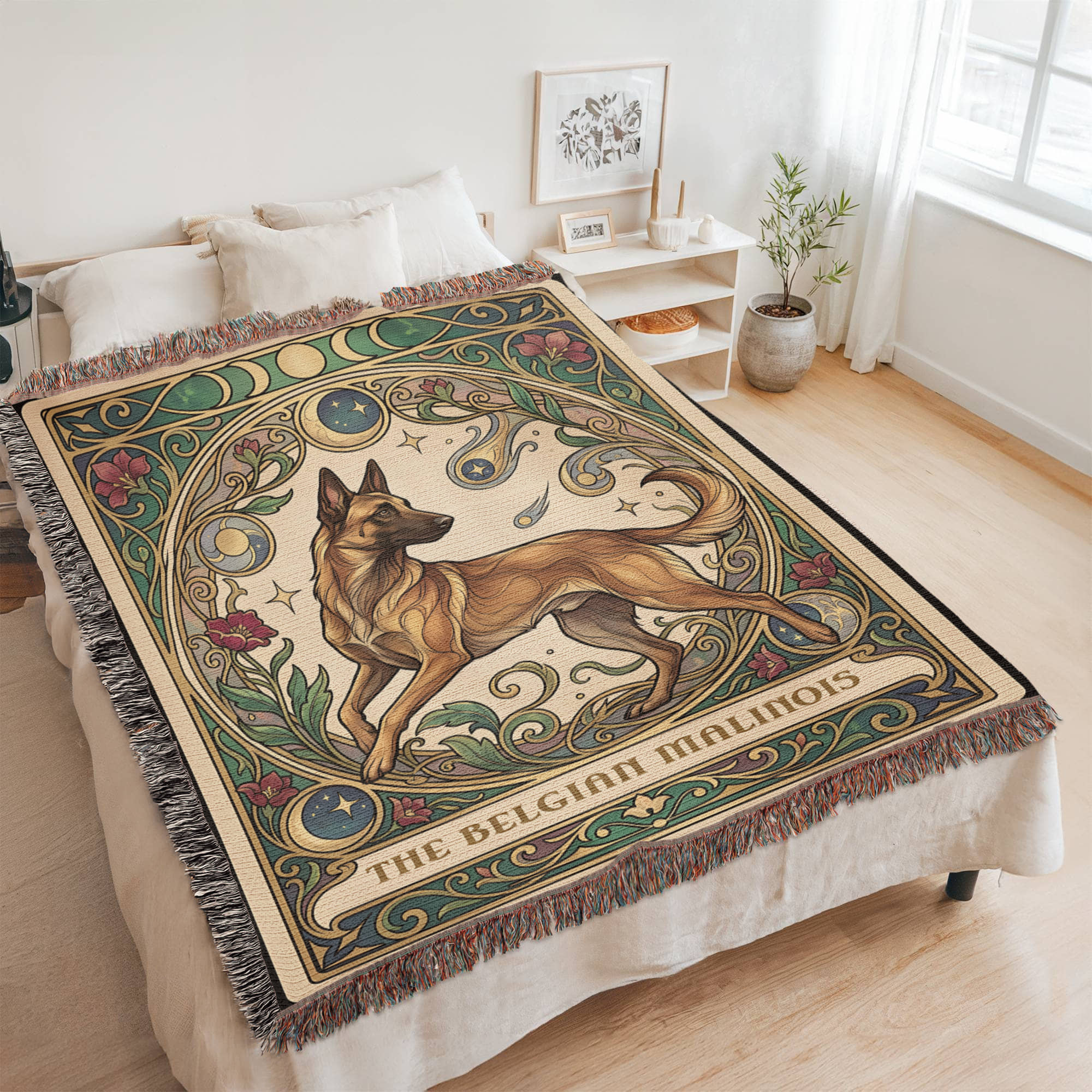 🐾 Woven Blanket Tarot Card - Belgian Malinois Stained Glass