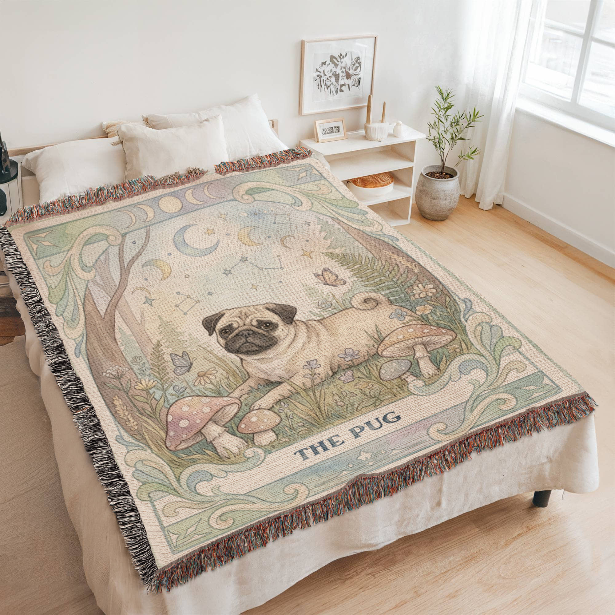 Pug Cottage Core Art Nouveau Tarot Woven Blanket - Heirloom Cotton Throw
