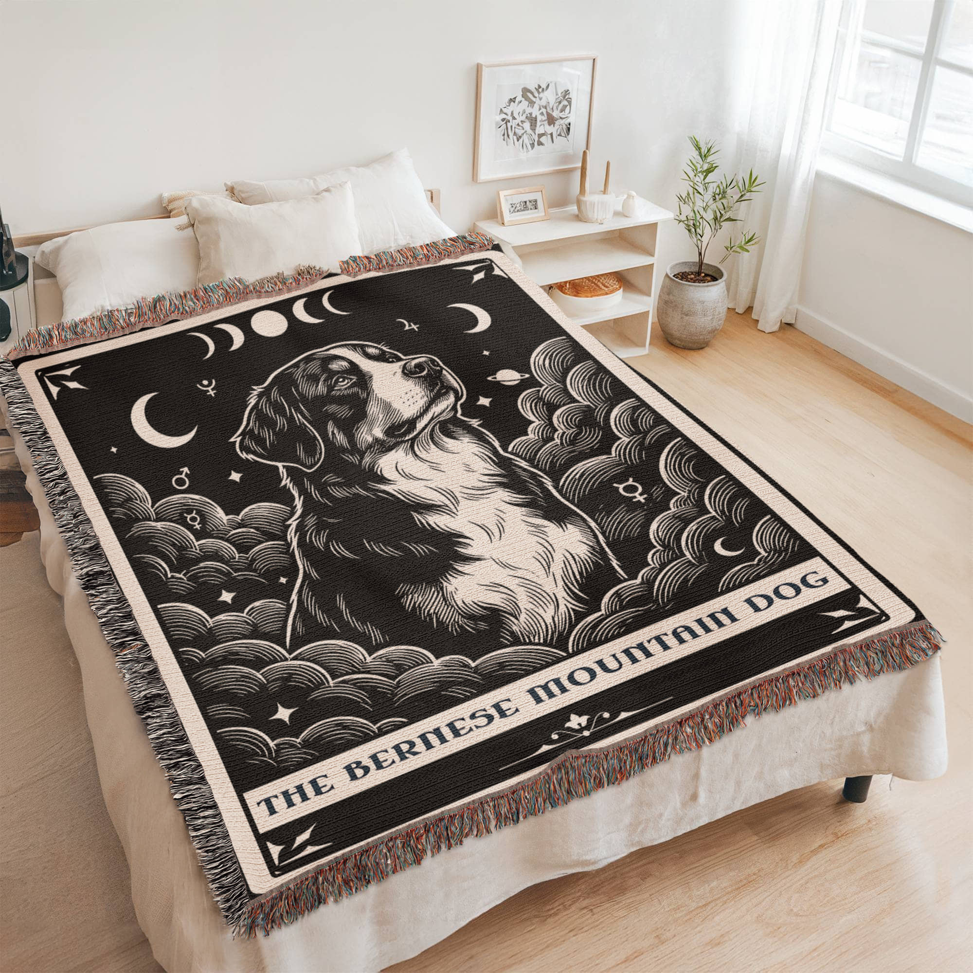 🐾 Woven Blanket Tarot Card - Bernese Mountain Dog - Black & White