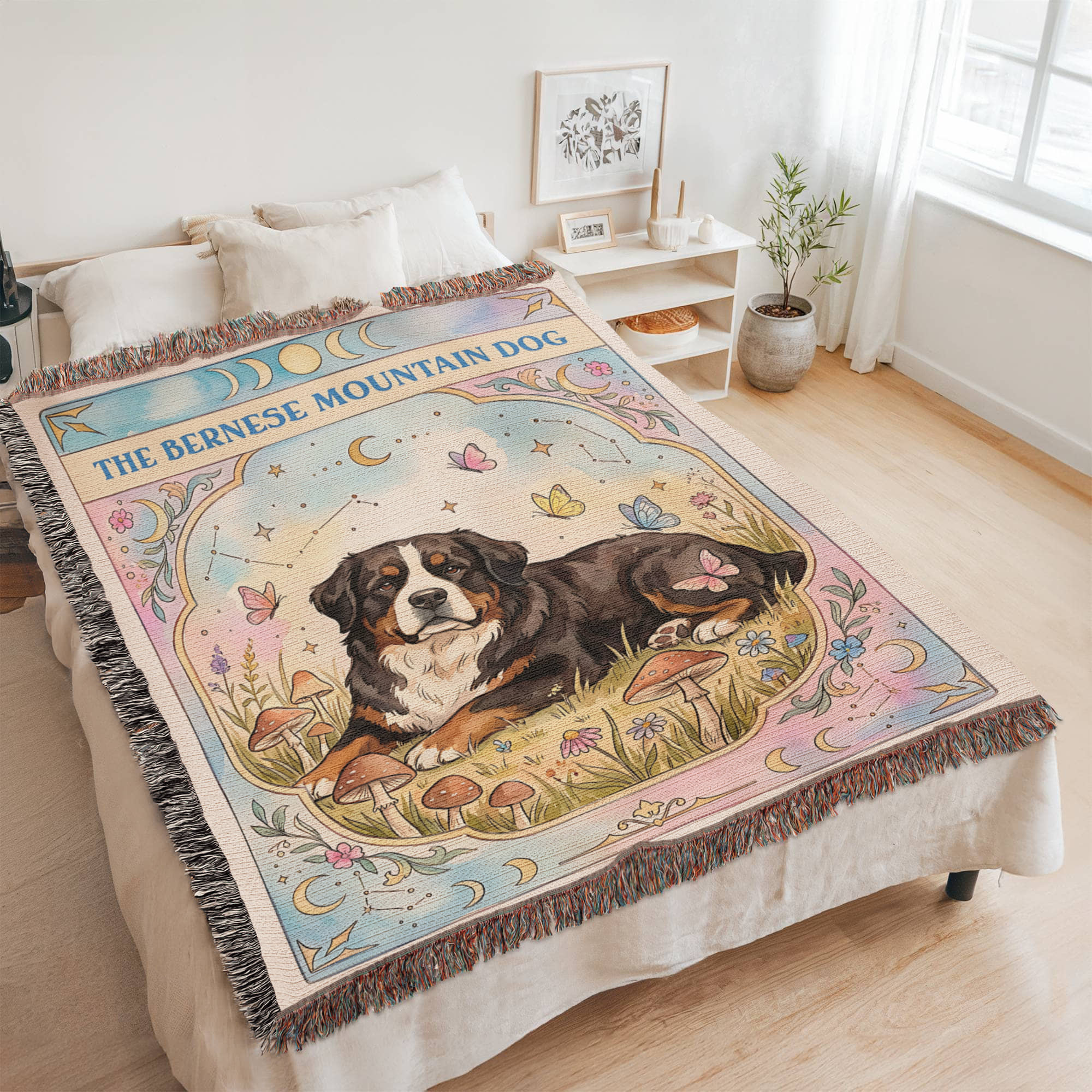 Bernese Mountain Dog Cottage Core Art Nouveau Tarot Woven Blanket - Heirloom Cotton Throw