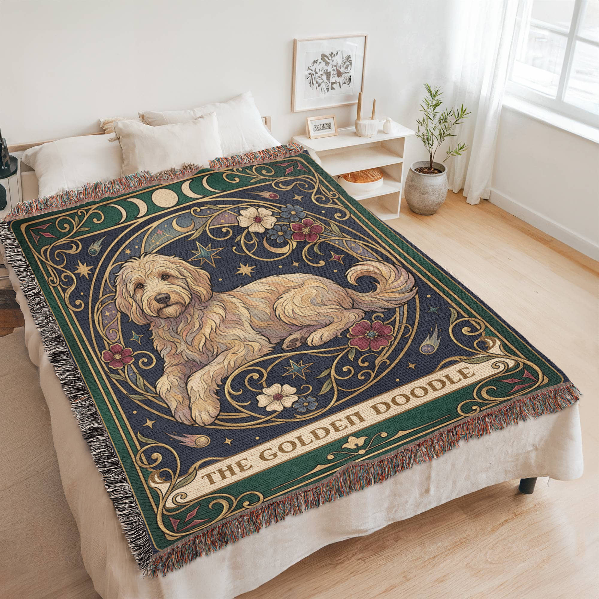 🐾 Woven Blanket Tarot Card - Golden Doodle Laying in flowers
