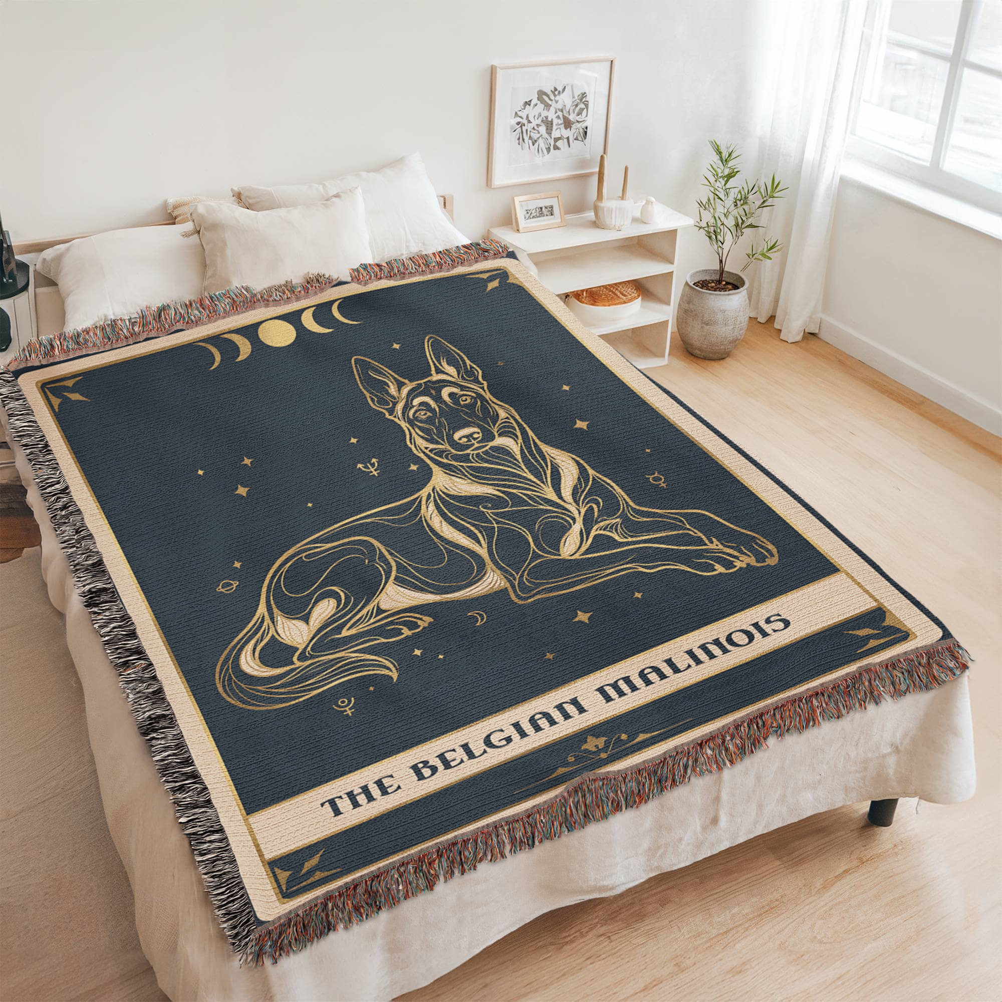 🐾 Woven Blanket Tarot Card - Belgian Malinois Celestial