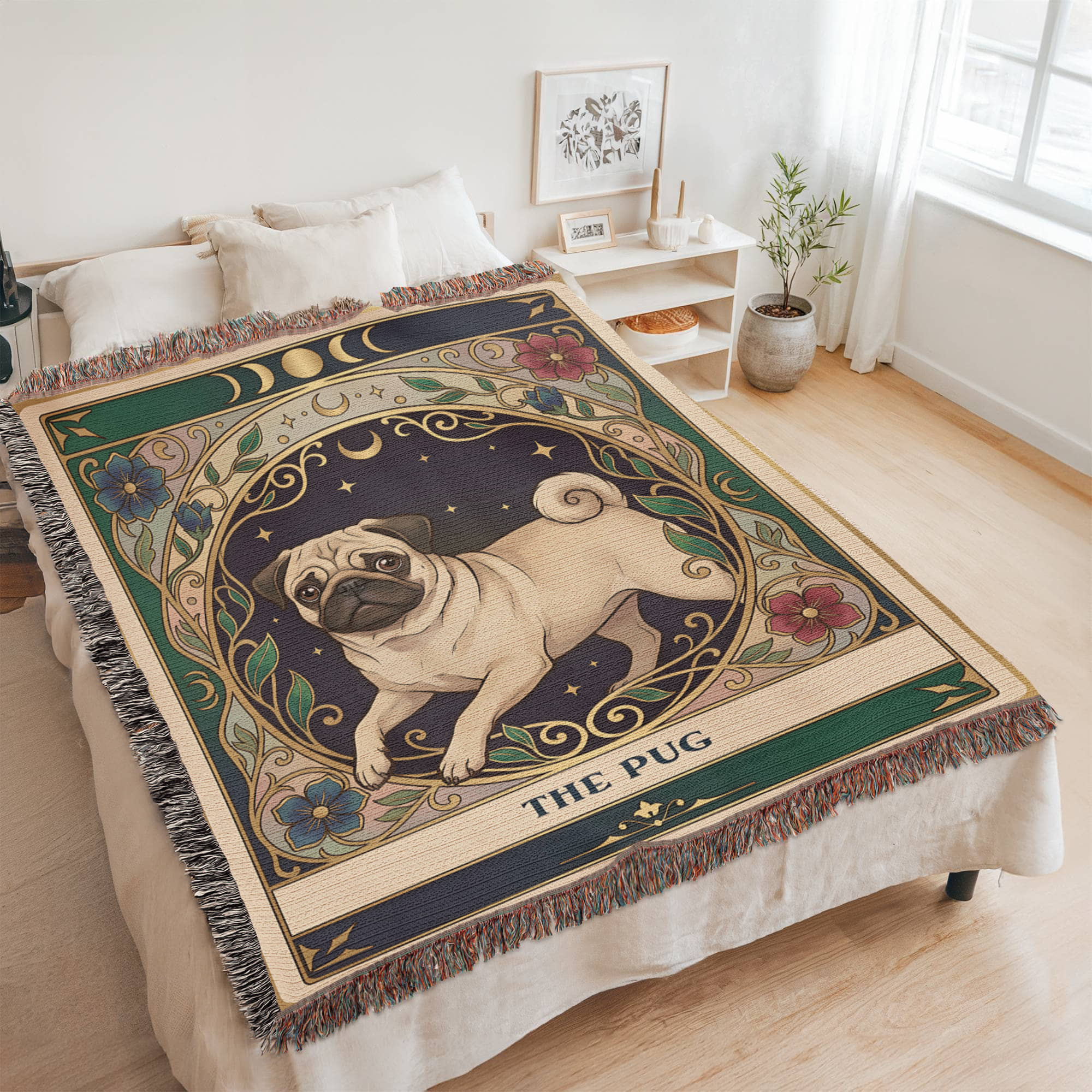 🐾 Woven Blanket Tarot Card - Pug Stained Glass
