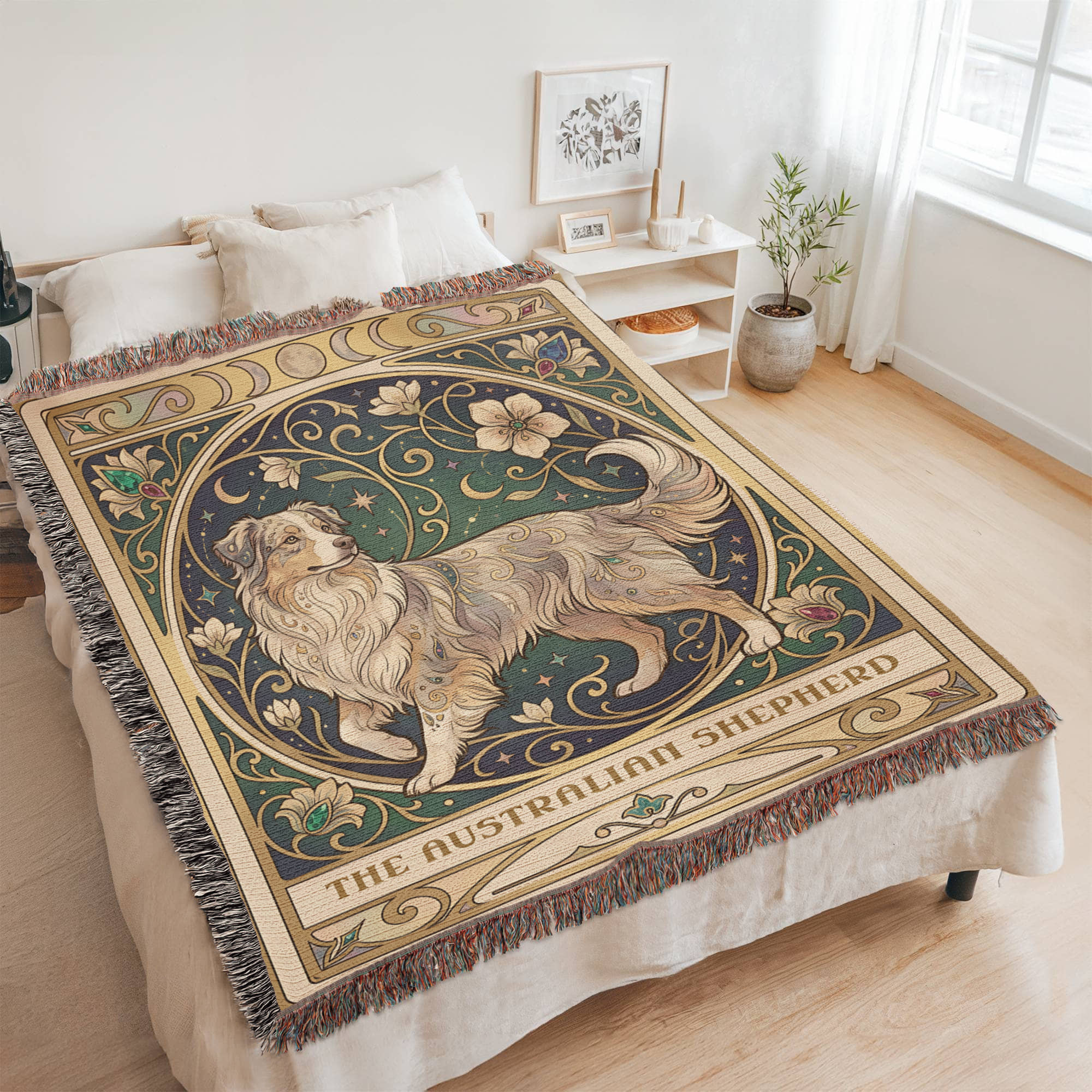 Australian Shepherd Art Nouveau Tarot Woven Blanket - Heirloom Cotton Throw