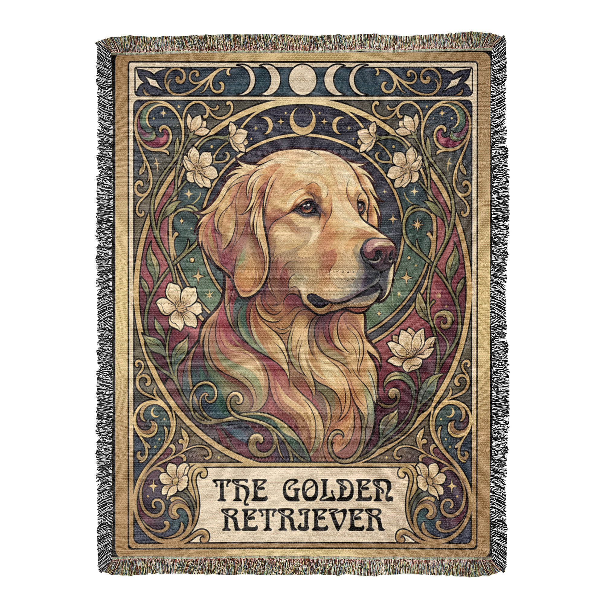 🐾 Woven Blanket Tarot Card - Golden Retriever Gold Frame with flowers