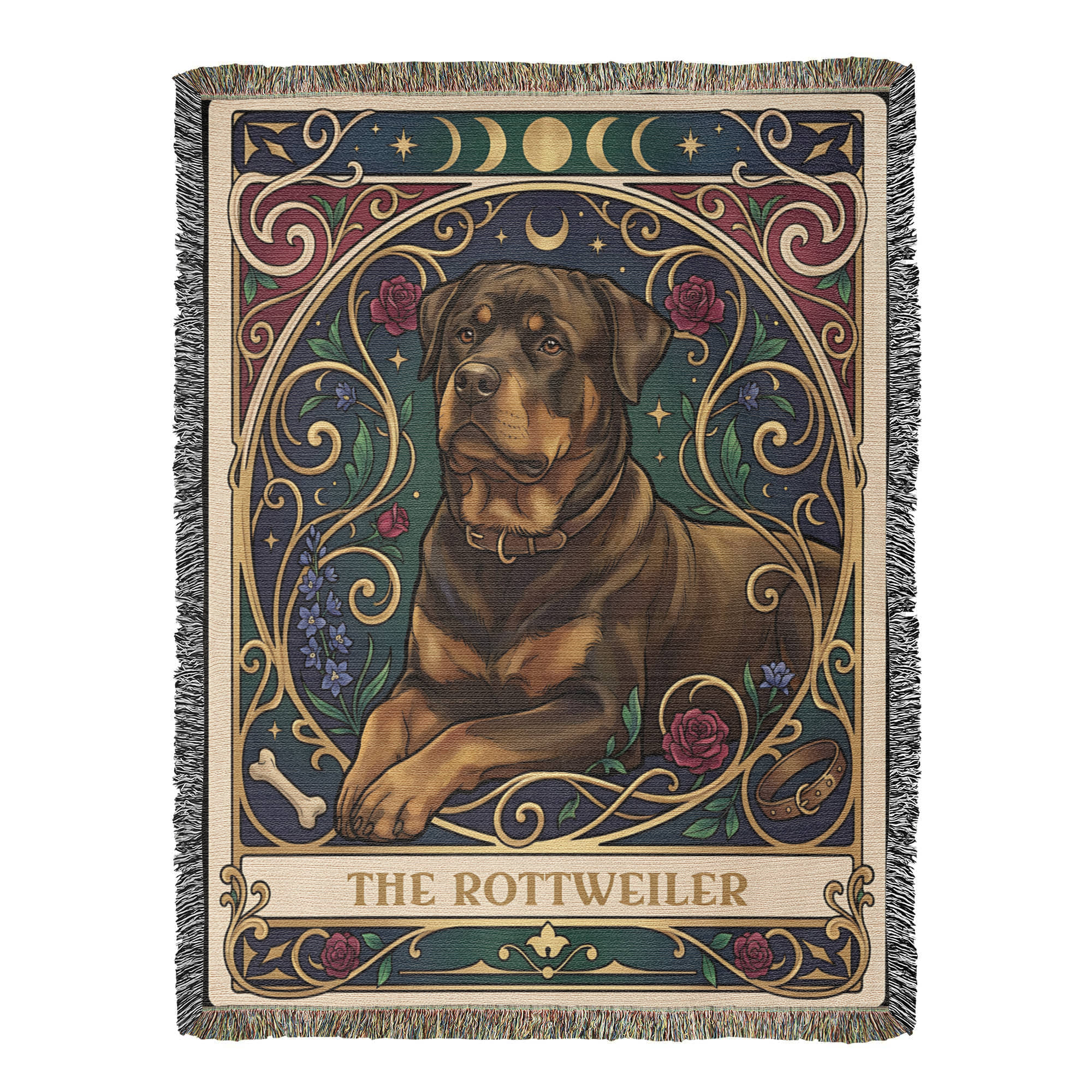 🐾 Woven Blanket Tarot Card - Rottweiler Roses