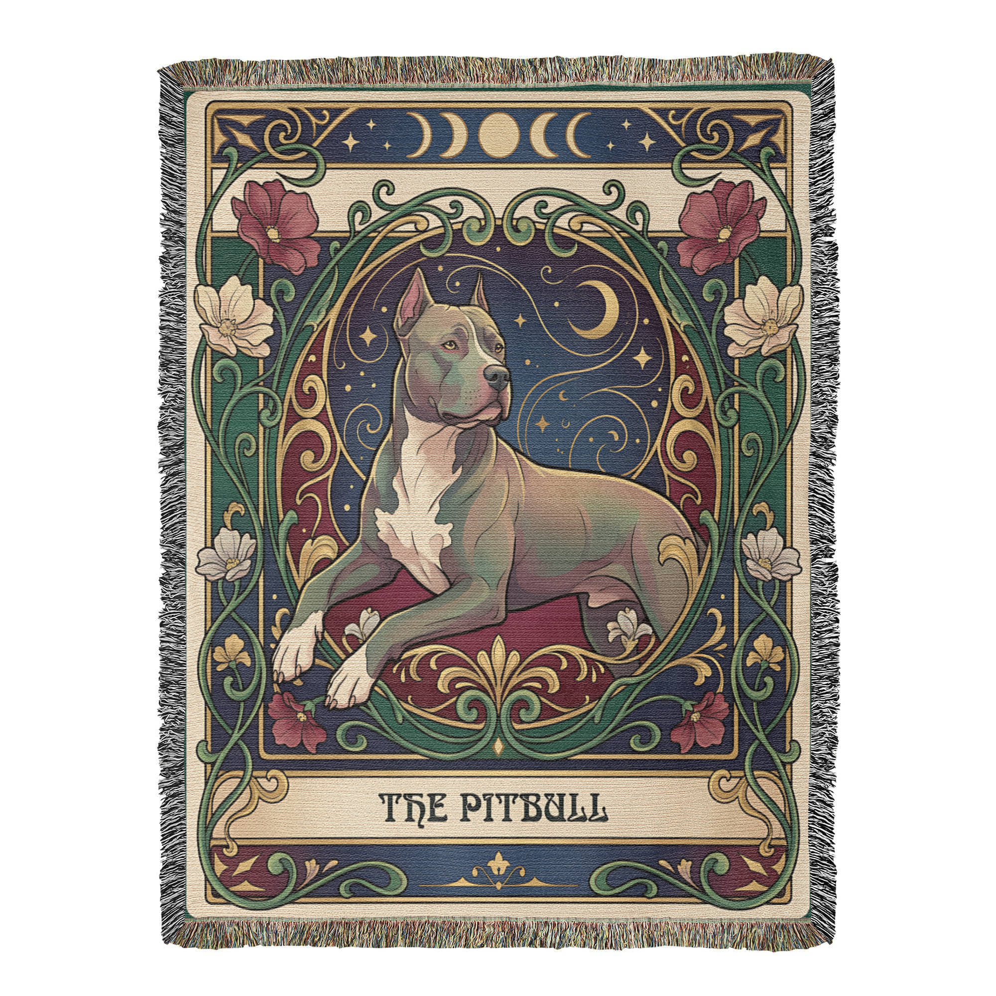 🐾 Woven Blanket Tarot Card - Pitbull laying with flowers