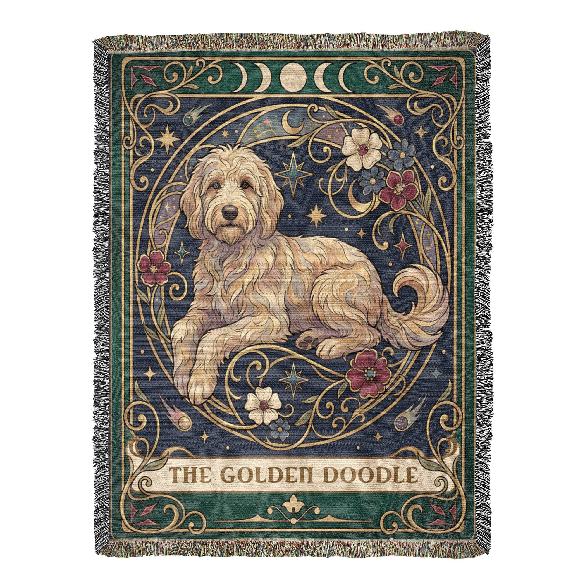 🐾 Woven Blanket Tarot Card - Golden Doodle Laying in flowers