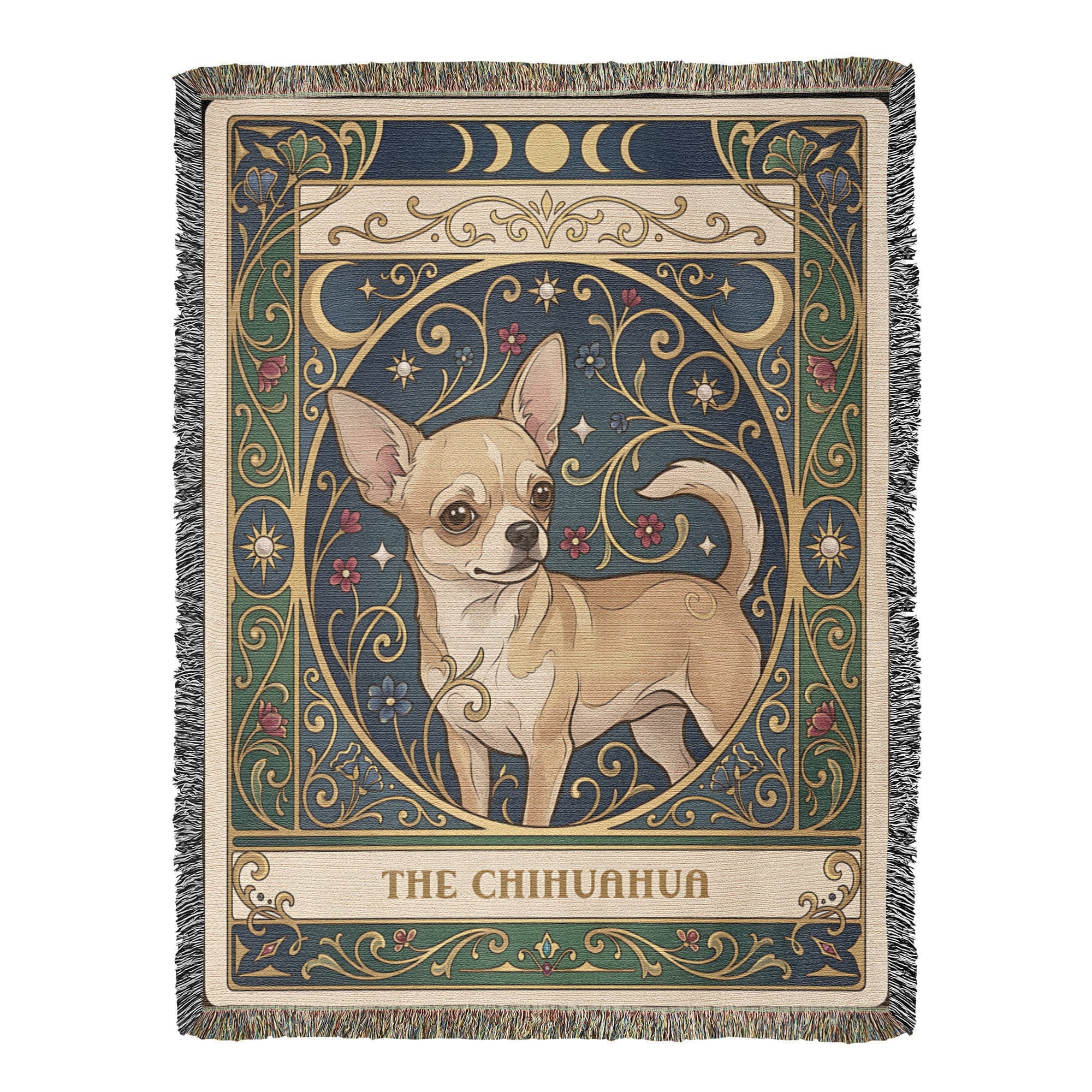 🐾 Woven Blanket Tarot Card - Chihuahua Golden Flowers