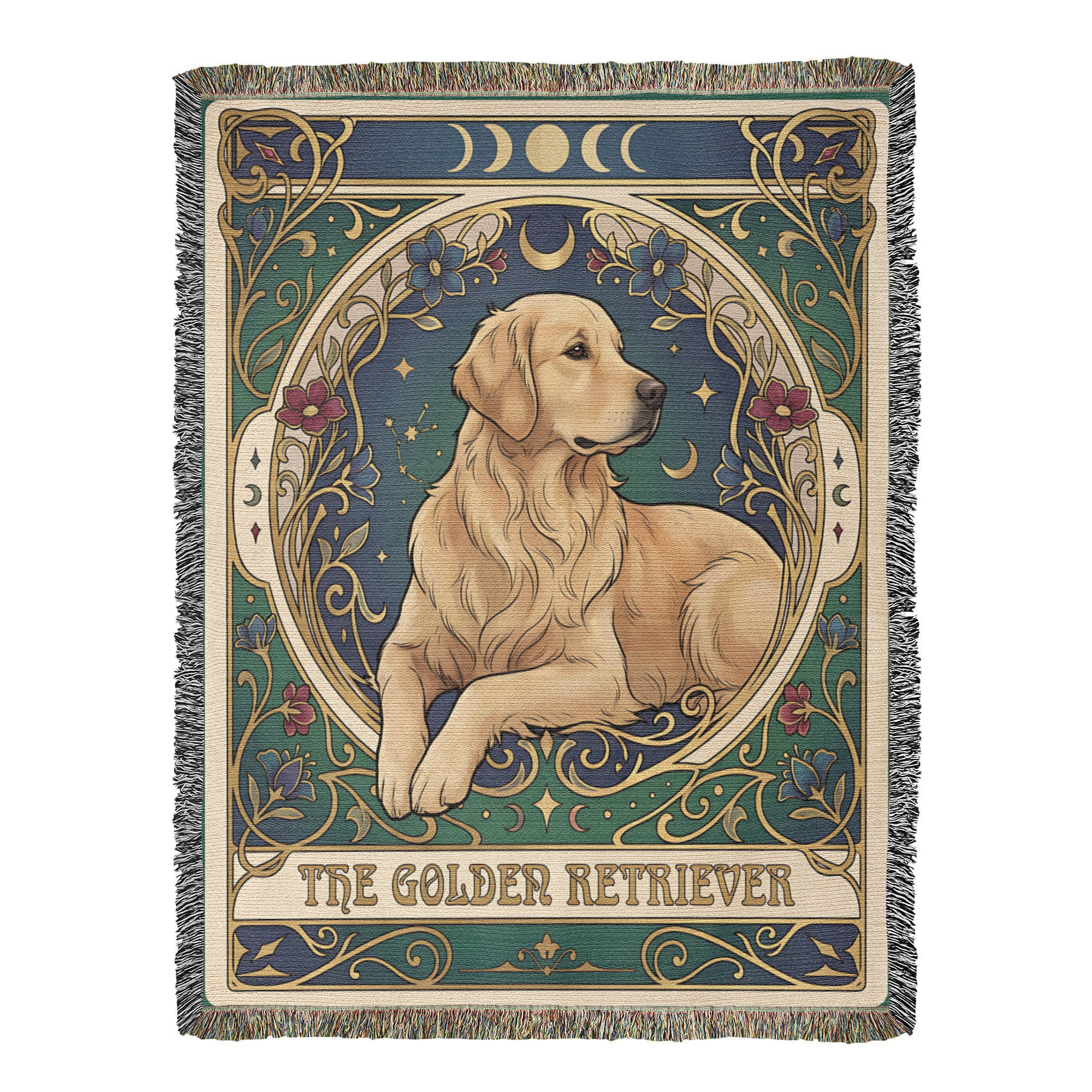 🐾 Woven Blanket Tarot Card - Golden retriever golden with red flowers
