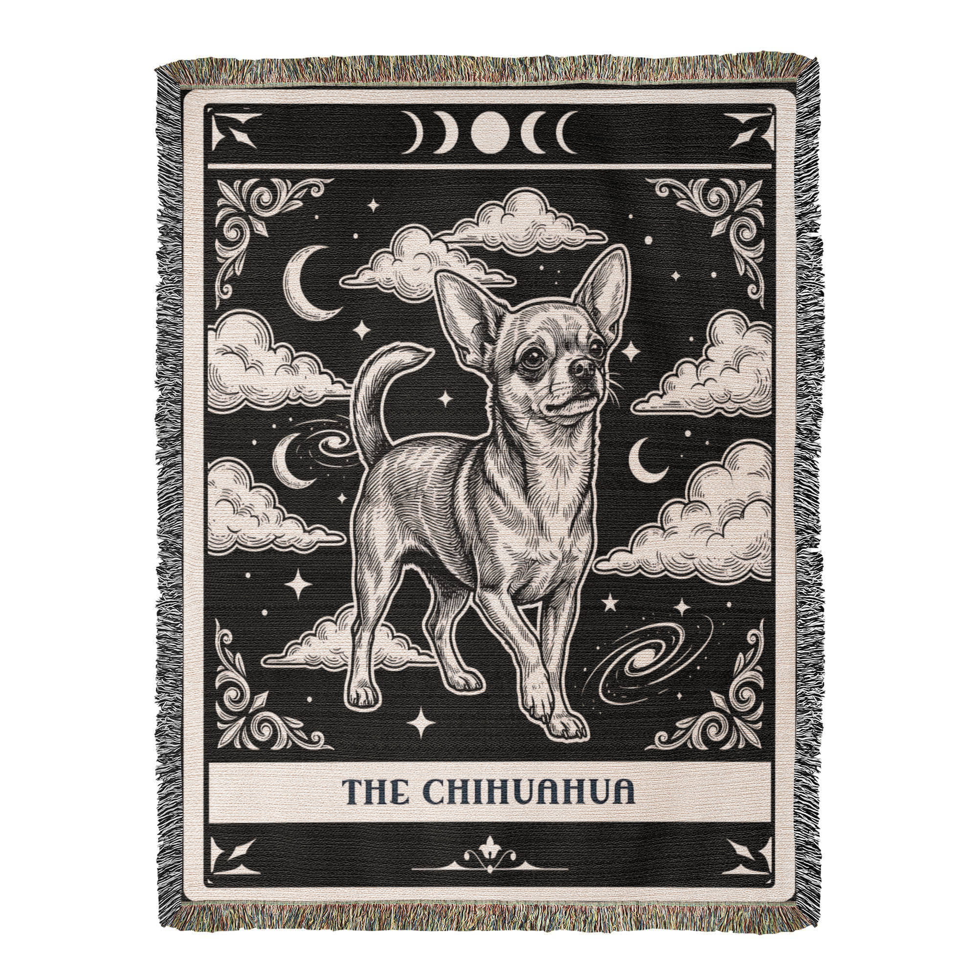 🐾 Woven Blanket Tarot Card - Chihuahua Black and White edition