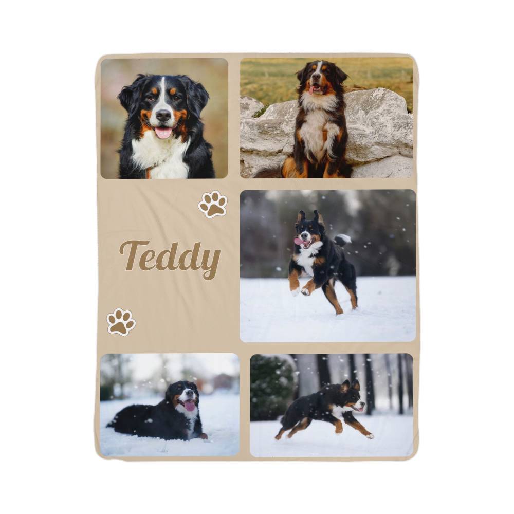 Collage of a dog named Teddy with various photos on a wooden block.