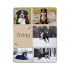 Collage of a dog named Teddy with various photos on a wooden block.