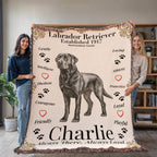 Two people holding a blanket with a Labrador Retriever design and text. Personalize your Labrador Retriever woven blanket with your dog's photo and name.