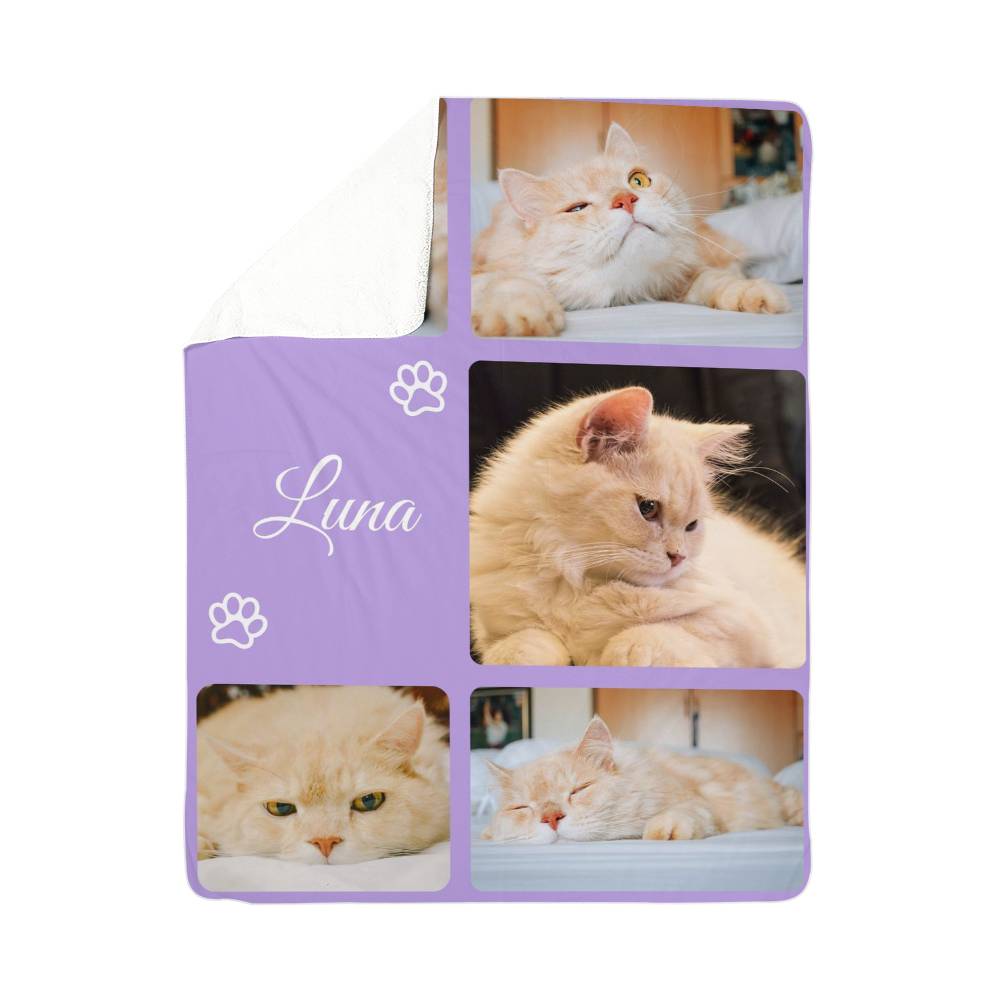 Purple blanket with cat images and the name 'Luna' on a white background