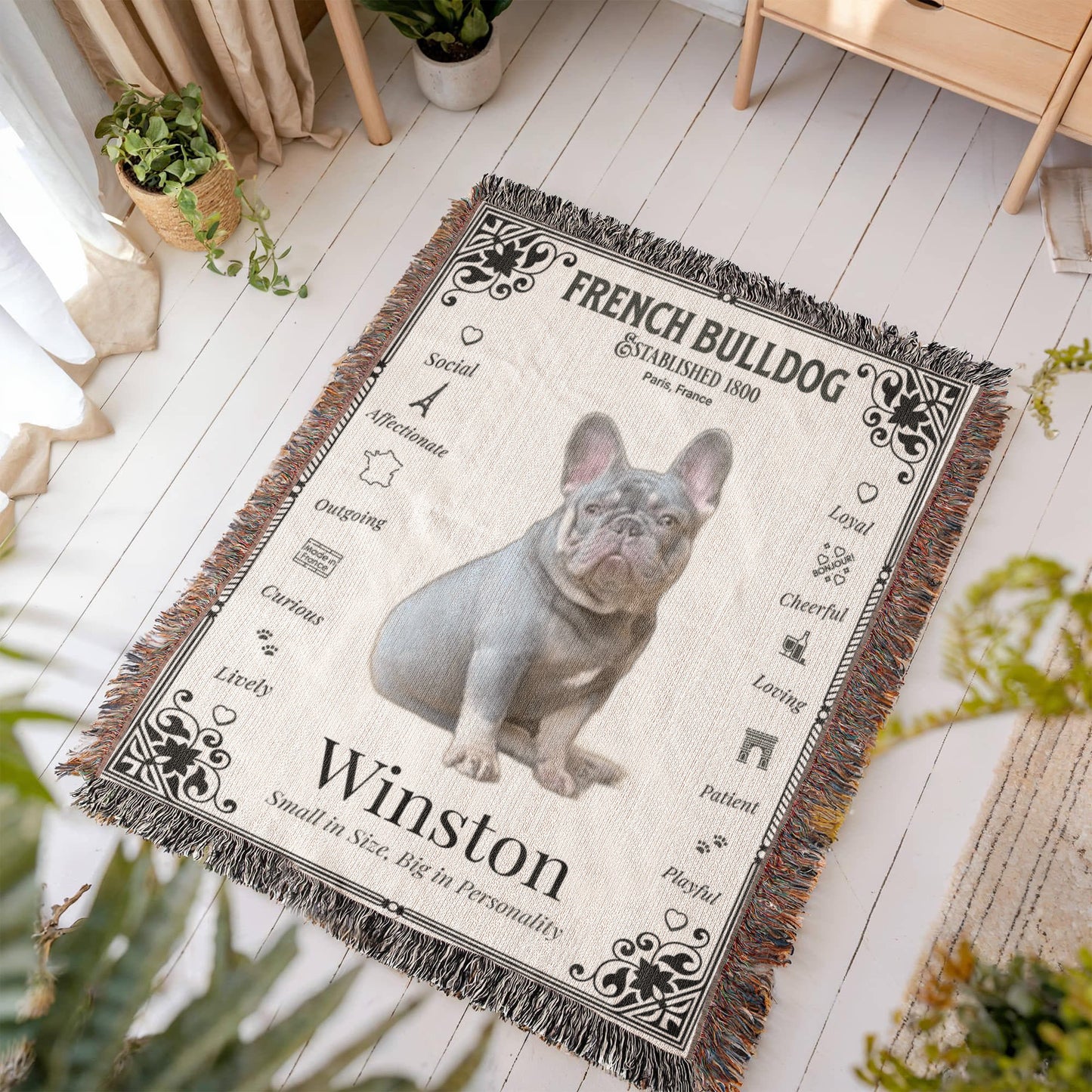 🐾 My Little Buddie Heirloom Woven Blanket – French Bulldog Edition - Art Deco