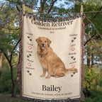 woven Blanket with a Golden Retriever illustration and text about the breed, displayed outdoors.  Personalized wti h photo and name of dog