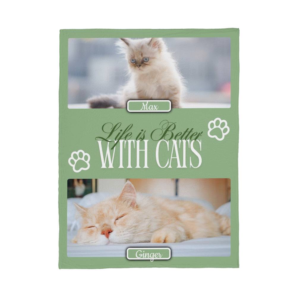 🐾 Personalized Multi-Cat Photo Blanket | Custom Cat Fleece Blanket | 2-5 Cats Names & Photos