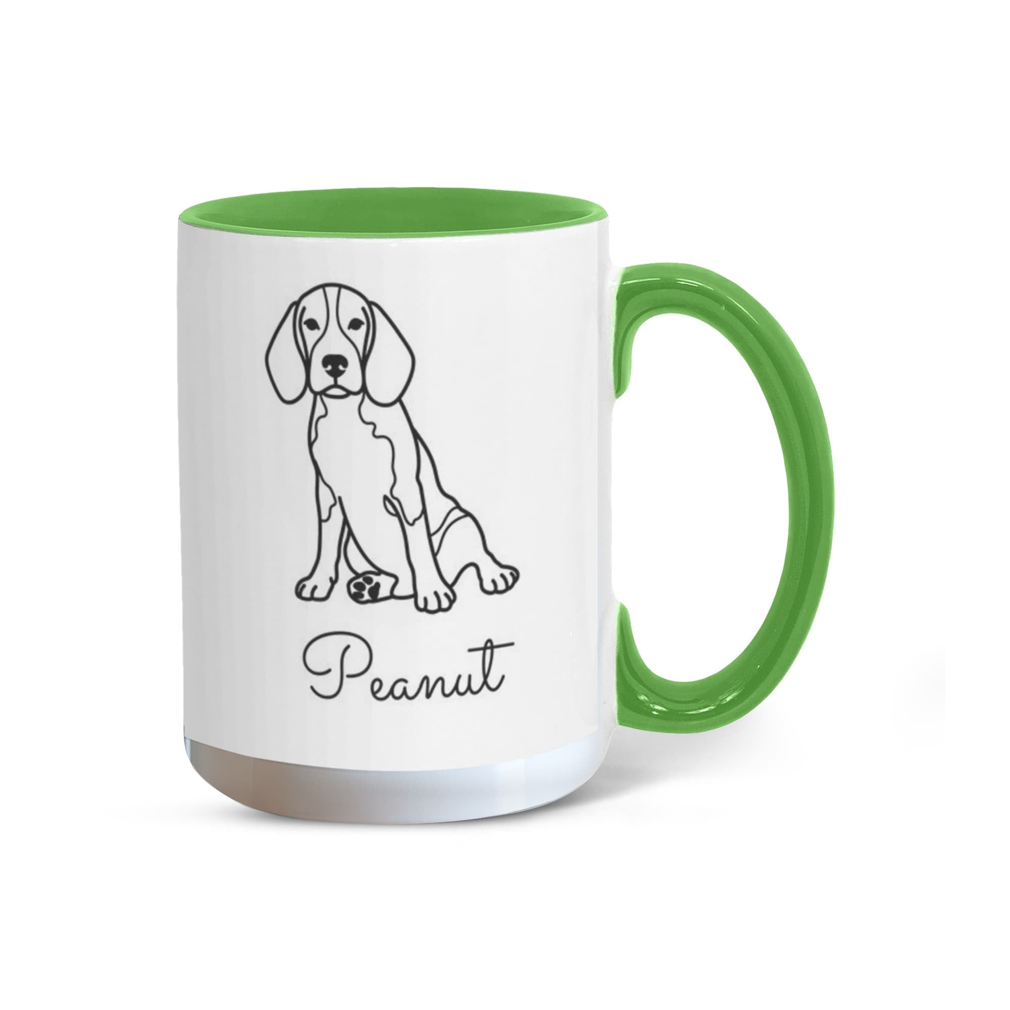 Mug with a dog illustration and 'Peanut' text, green handle and interior.