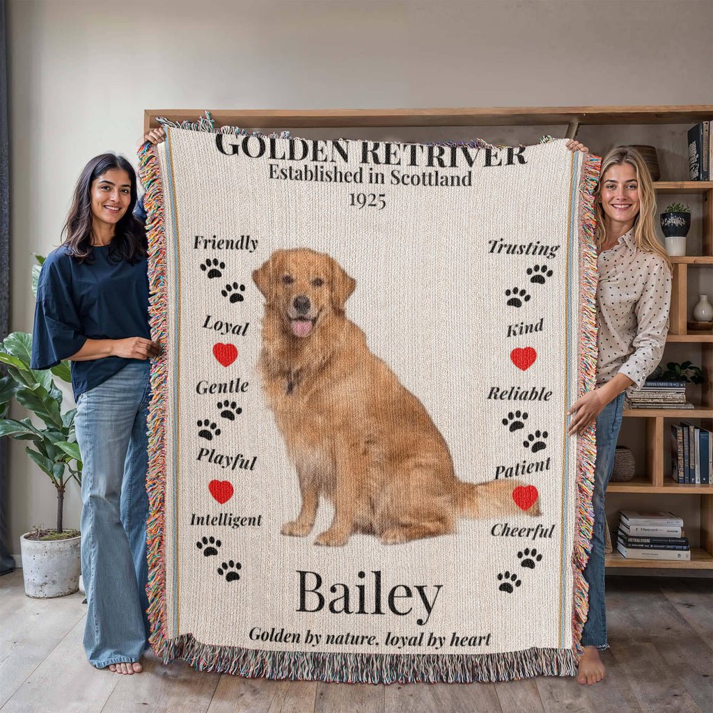 🐾 Woven Blanket – Golden Retriever Edition - Red hearts