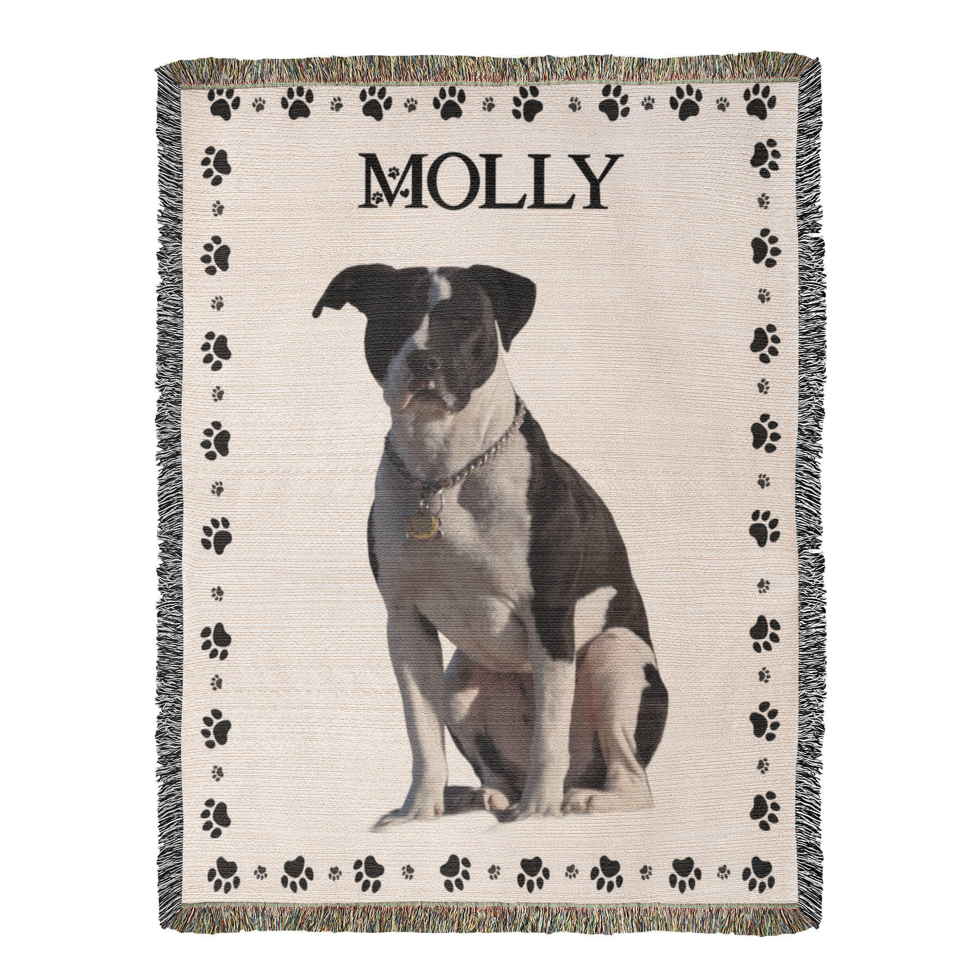 Woven blanket with a dog's photo and name 'Molly' on a white background