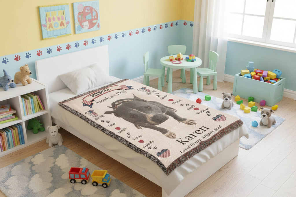 Personalized blanket with a dog design and text on a bed in a room. Personalize your woven blanket with your favorite picture of your Pittie with their name.