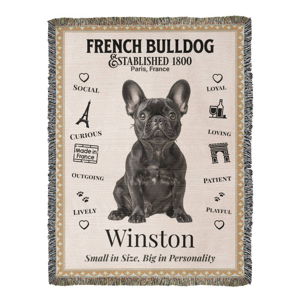 Woven blanket with a French Bulldog design and text on a beige background.Personalized with your Frenchie's name and photo.
