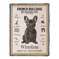 Woven blanket with a French Bulldog design and text on a beige background.Personalized with your Frenchie's name and photo.