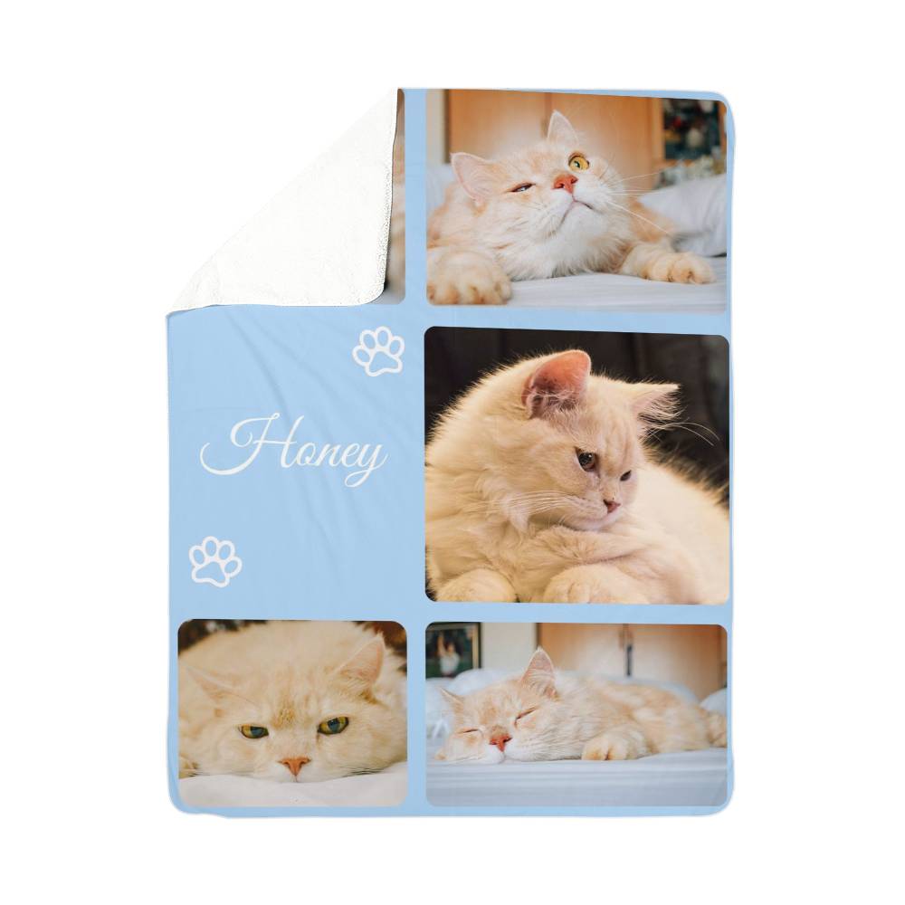 Blanket with cat photos and 'Honey' text on a light blue background