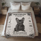 Bed with a French Bulldog-themed woven blanket featuring the name 'Winston' in a bedroom setting.Personalized with the name and photo of your Frenchie.