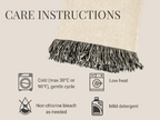 Care instructions for a fabric product with symbols and text on a beige background