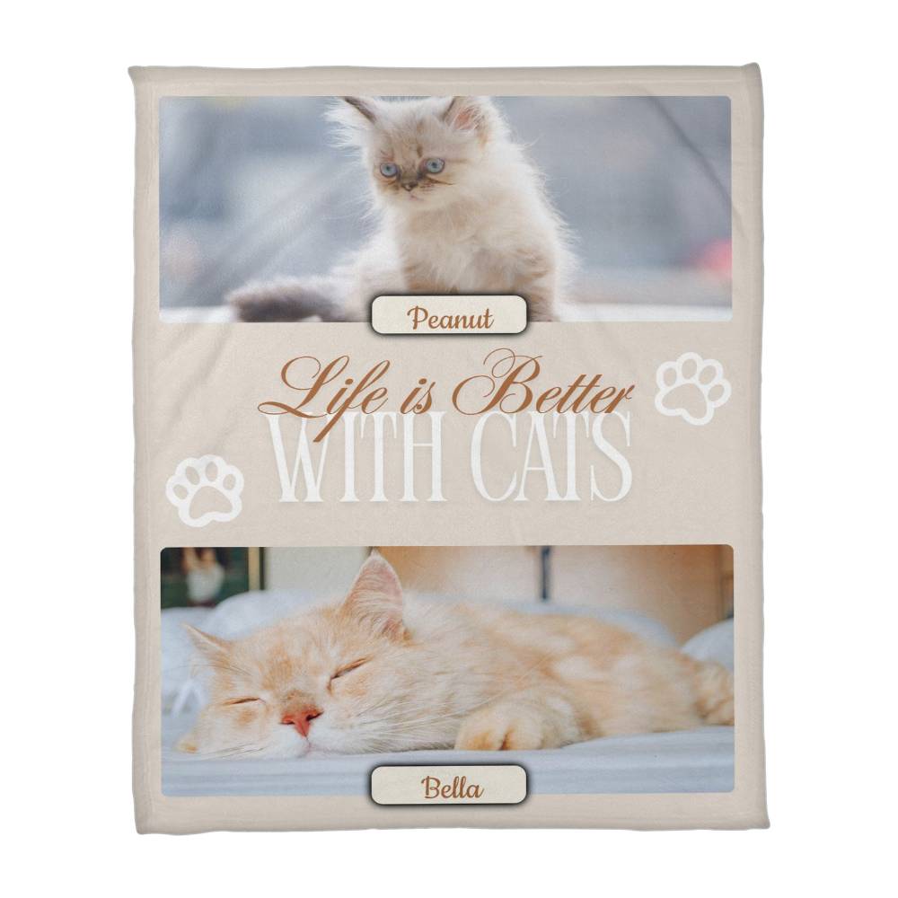 Personalized Multi-Cat Photo Blanket - Custom Cat Collage Fleece Blanket - 2-5 Cats Names & Photos