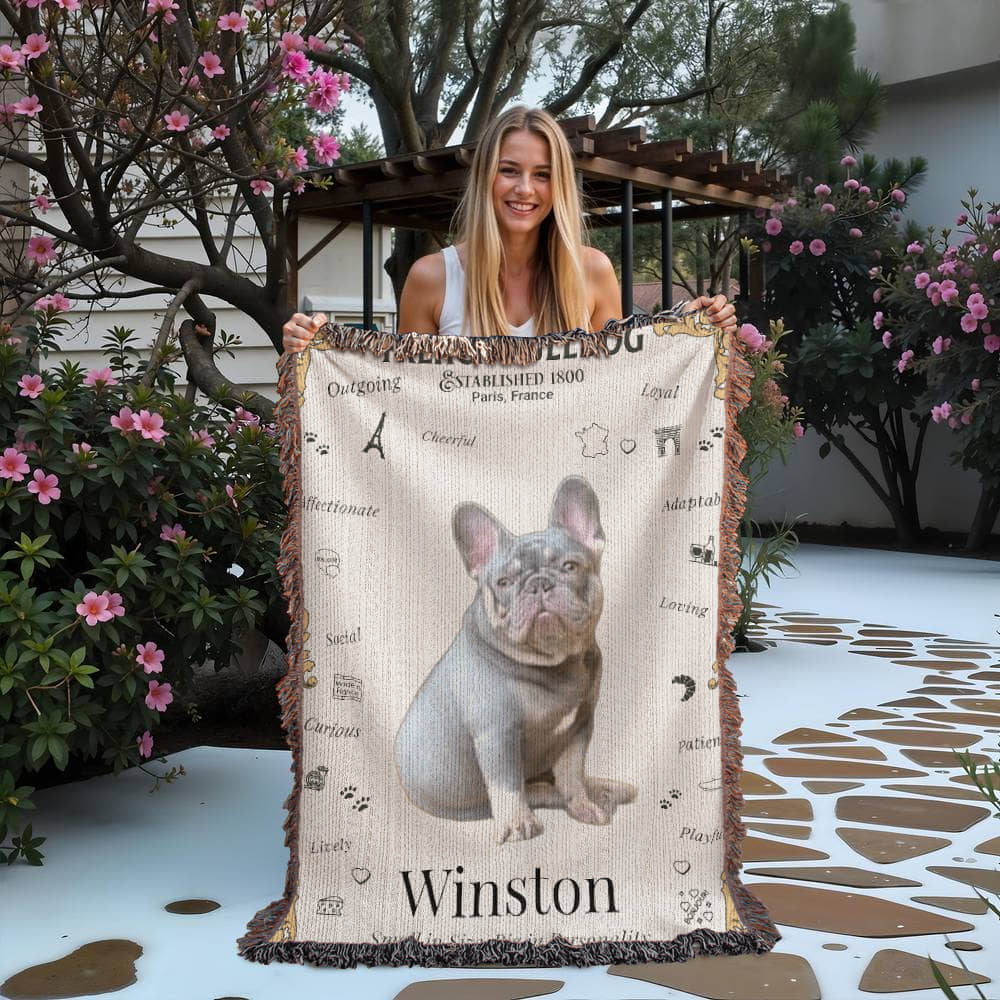 🐾 My Little Buddie Heirloom Woven Blanket – French Bulldog Edition - Gold Embellishment
