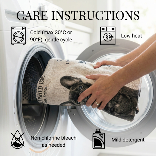 Care instructions for a towel with a dog print, including washing guidelines and symbols.