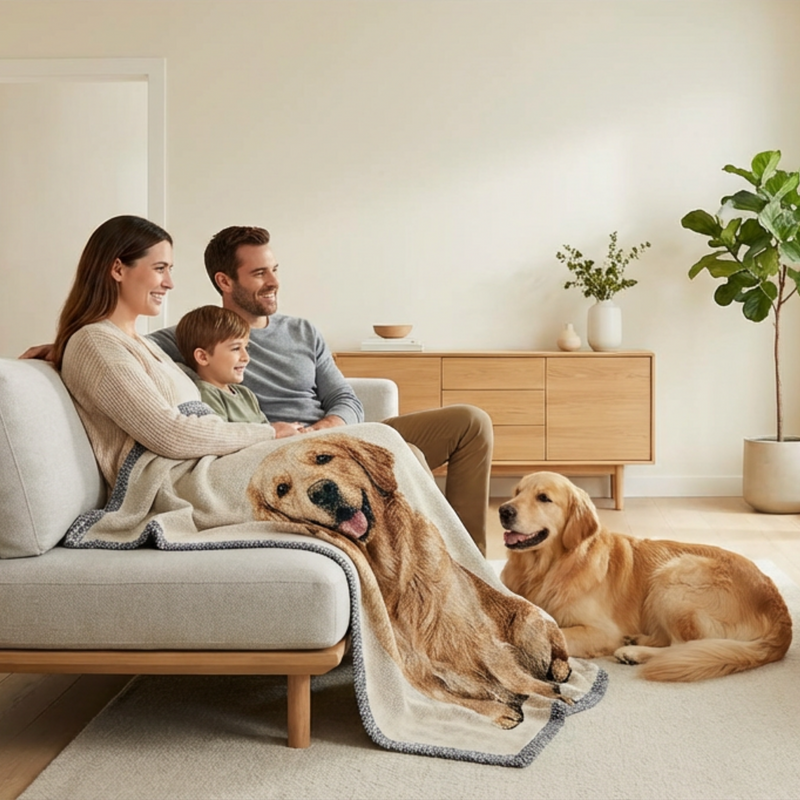 Family with two dogs sitting on a couch in a living room