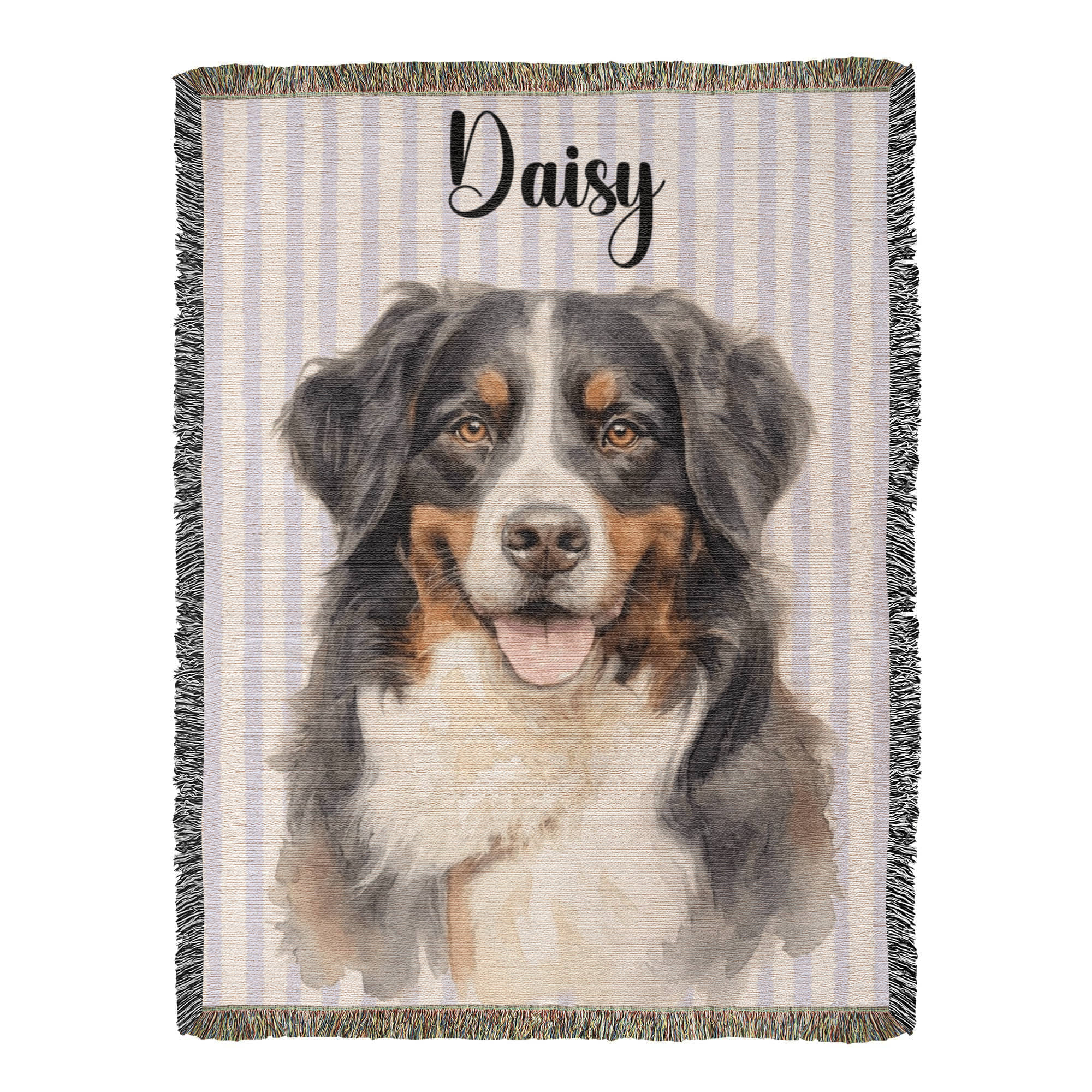 Woven blanket with a dog portrait and the name 'Daisy' on a striped background