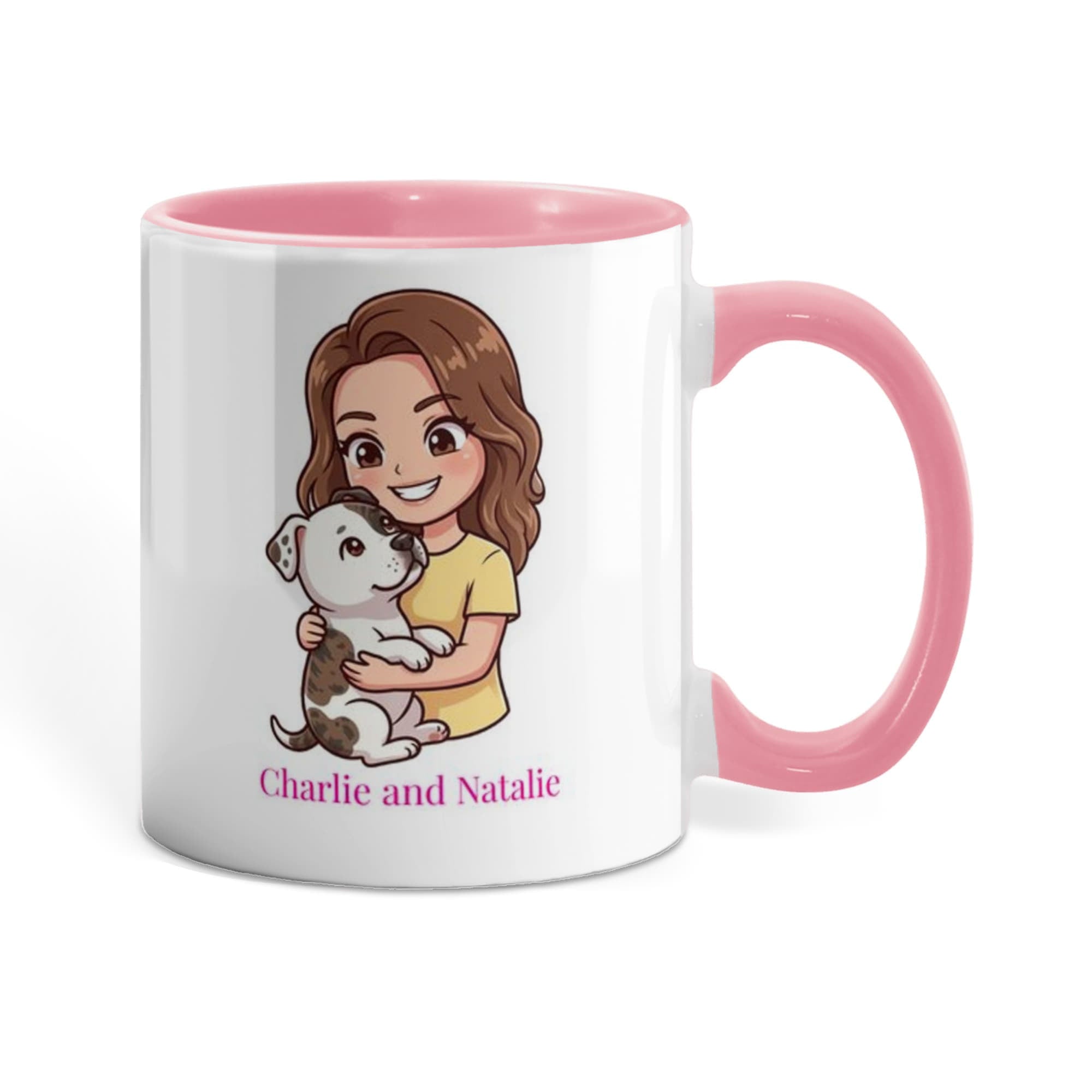 Mug with a cartoon character holding a dog and pink interior and handle on a white background