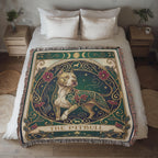 Decorative tarot card woven blanket with a pitbull design on a bed in a bedroom setting