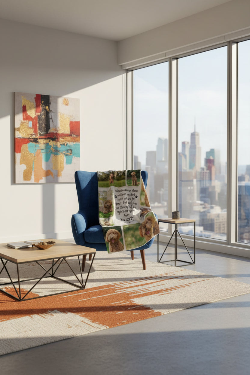 Person holding a blanket with multiple images of a dog and text in a living room.