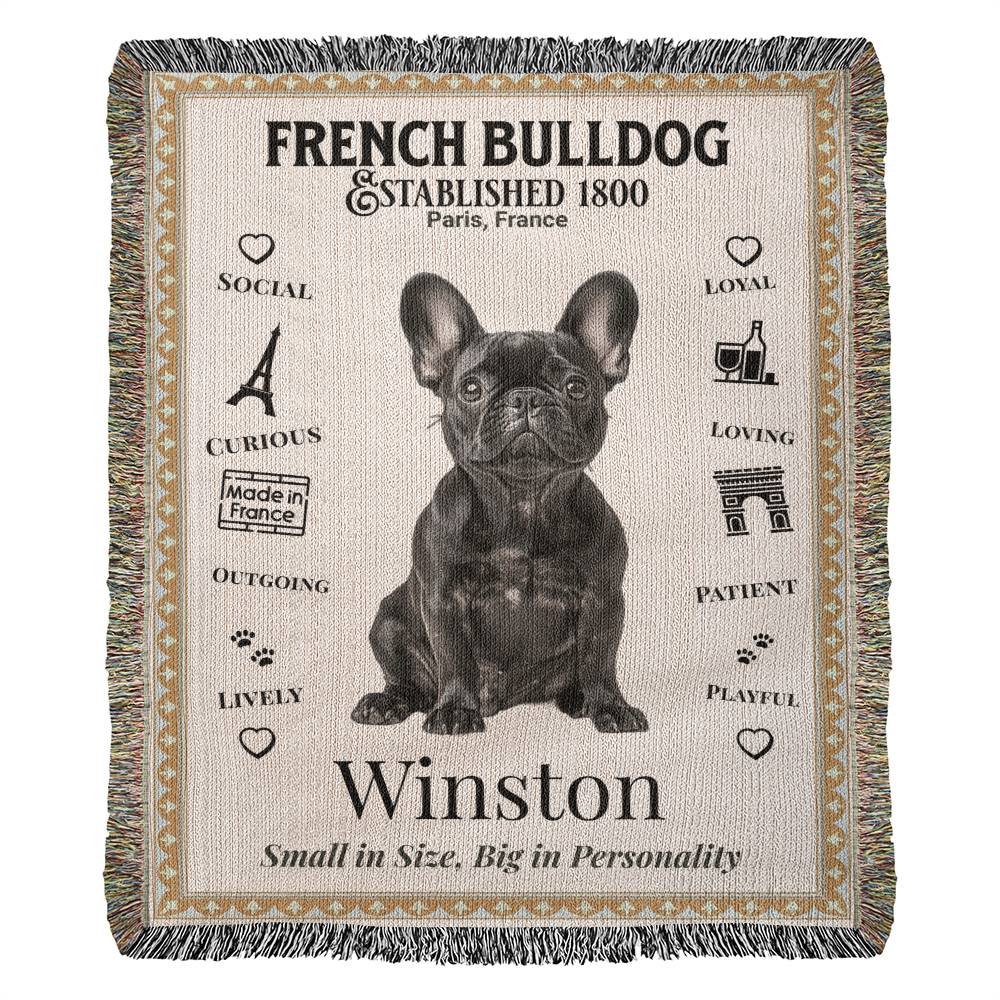 Woven blanket with a French Bulldog illustration and text on a beige background.Personalized with your Frenchie's name and photo.