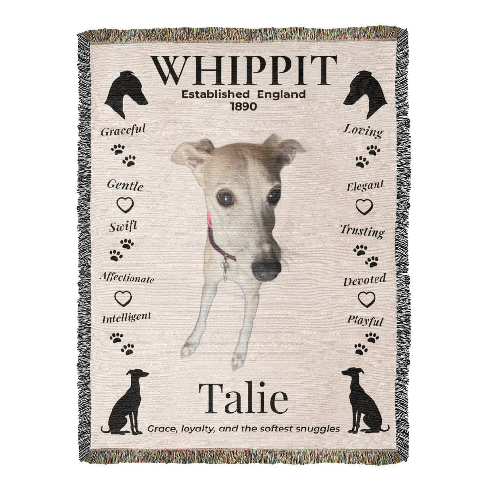 Blanket with a whippet design, text, and paw prints on a beige background