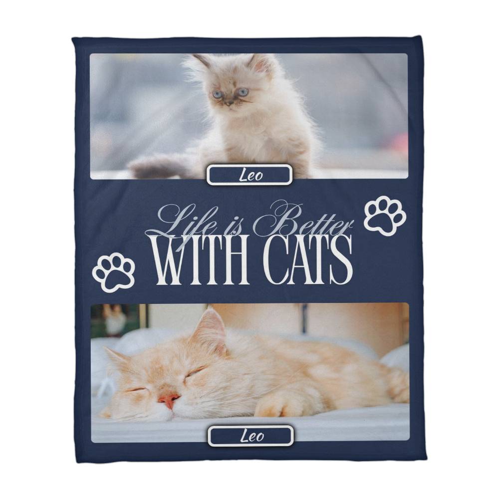 Personalized Multi-Cat Photo Blanket - Custom Cat Collage Fleece Blanket - 2-5 Cats Names & Photos