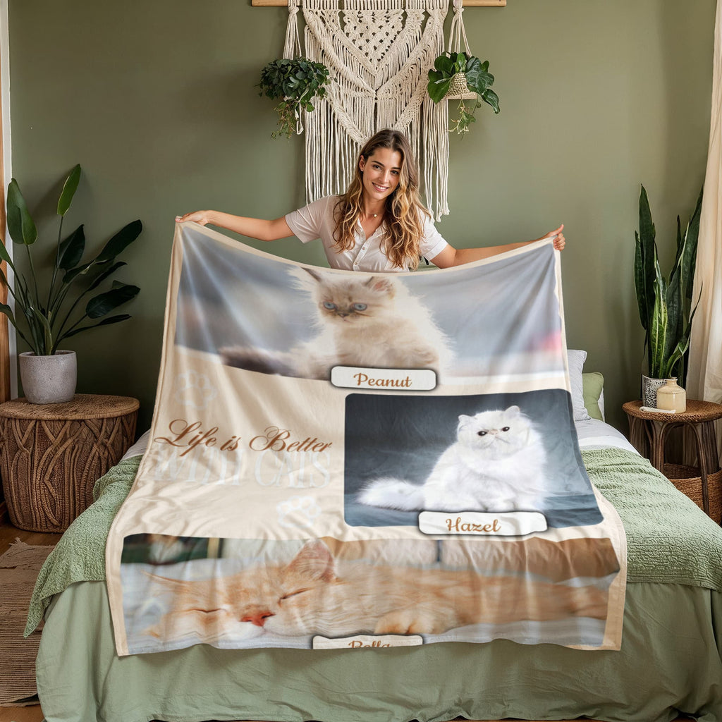 Personalized Multi-Cat Photo Blanket - Custom Cat Collage Fleece Blanket - 2-5 Cats Names & Photos