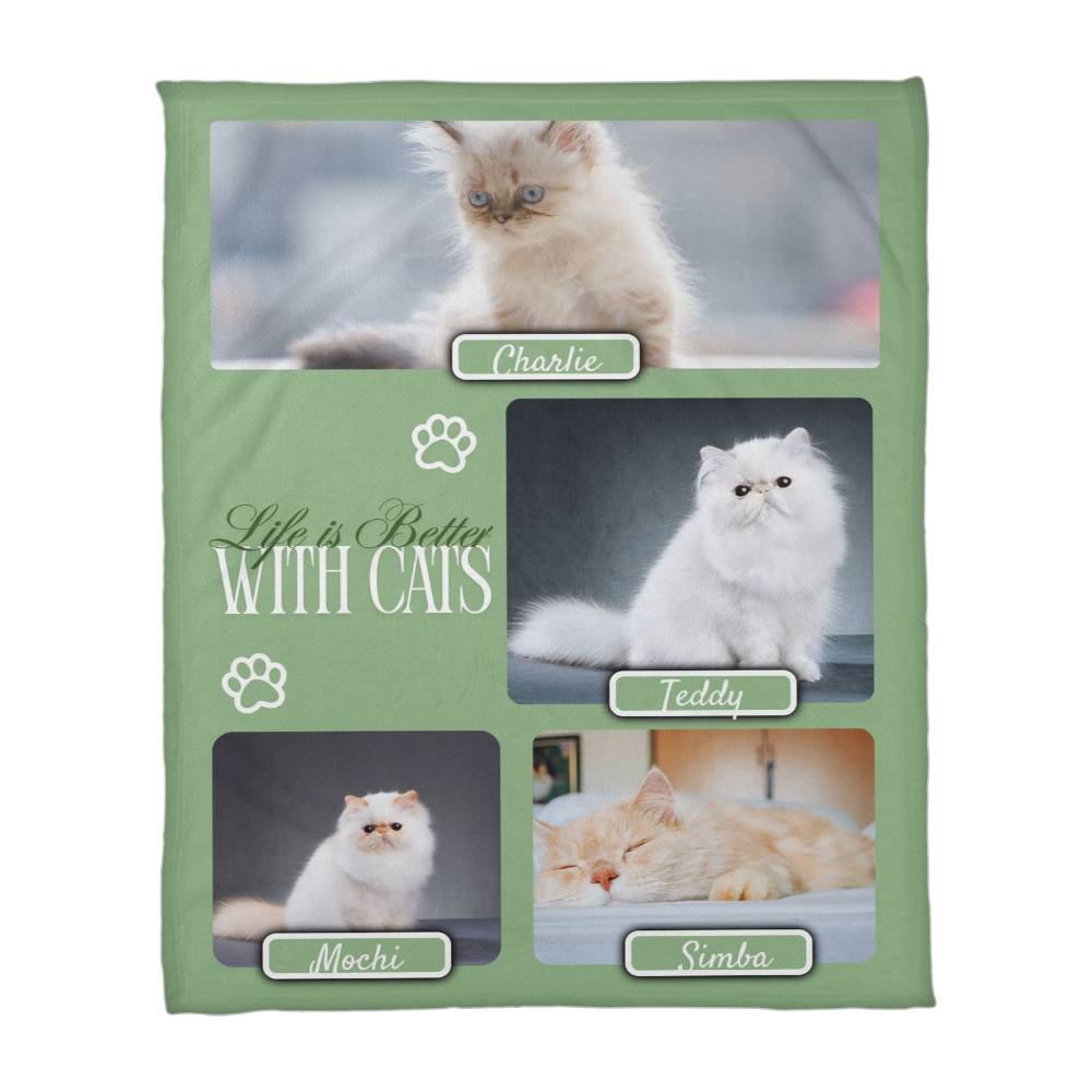 Personalized Multi-Cat Photo Blanket - Custom Cat Collage Fleece Blanket - 2-5 Cats Names & Photos