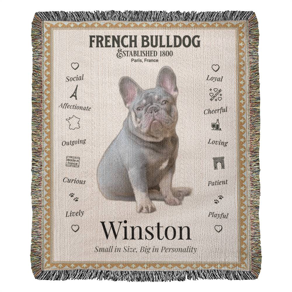 🐾 My Little Buddie Heirloom Woven Blanket – French Bulldog Edition - Gold Frame
