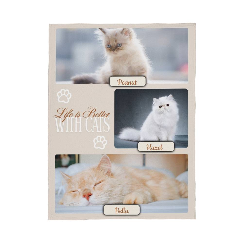 Personalized Multi-Cat Photo Blanket - Custom Cat Collage Fleece Blanket - 2-5 Cats Names & Photos