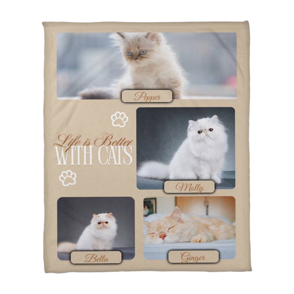 Personalized Multi-Cat Photo Blanket - Custom Cat Collage Fleece Blanket - 2-5 Cats Names & Photos